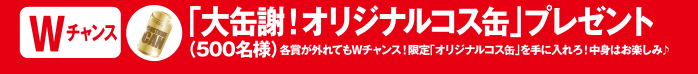 【Wチャンス】「大缶謝!オリジナルコス缶」プレゼント(500名様) 各賞が外れてもWチャンス!限定「オリジナルコス缶」を手に入れろ!中身はお楽しみ♪